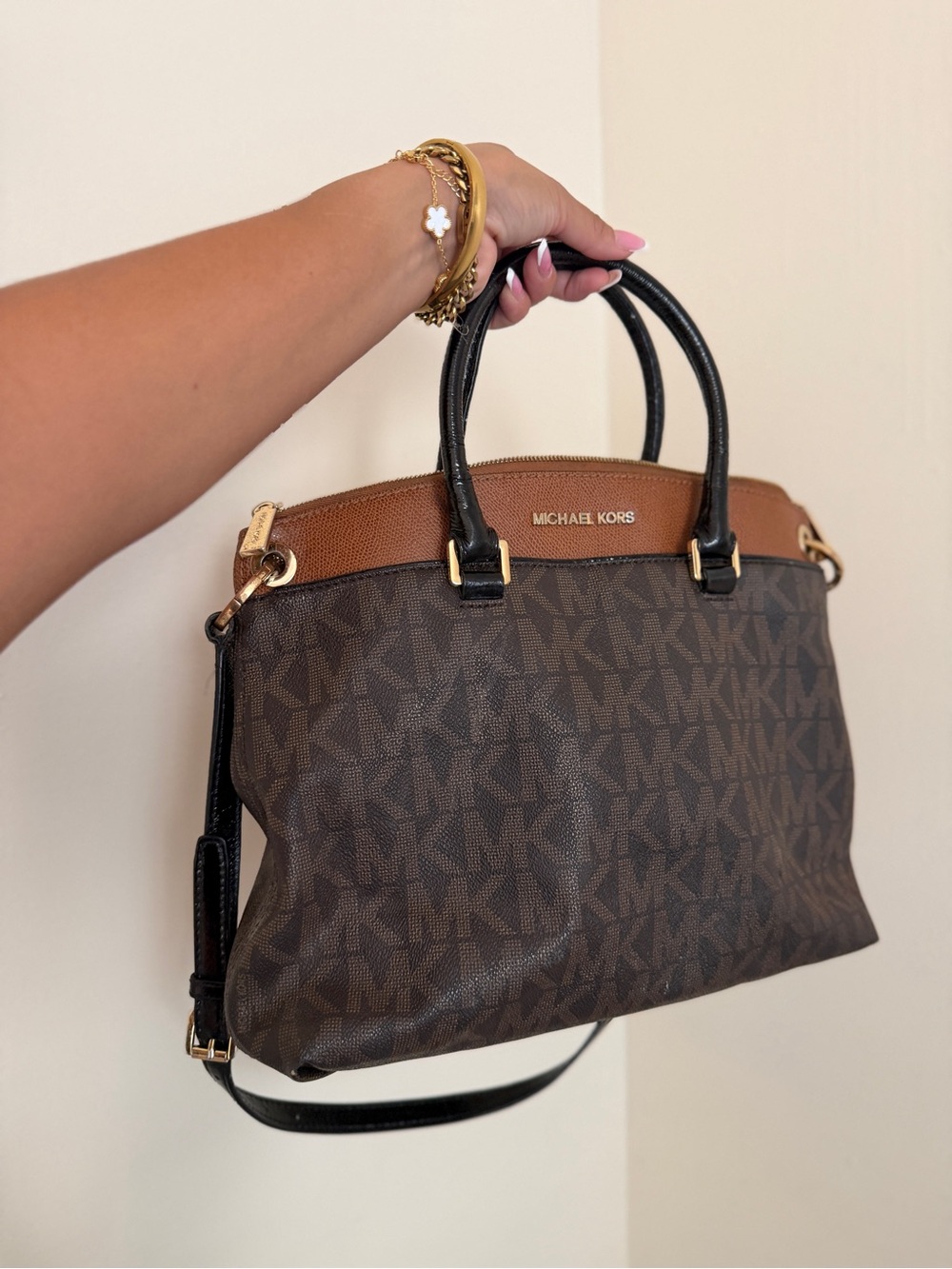 Michael Kors Brown MK Monogram Satchel with Tan Accent and Black Handles